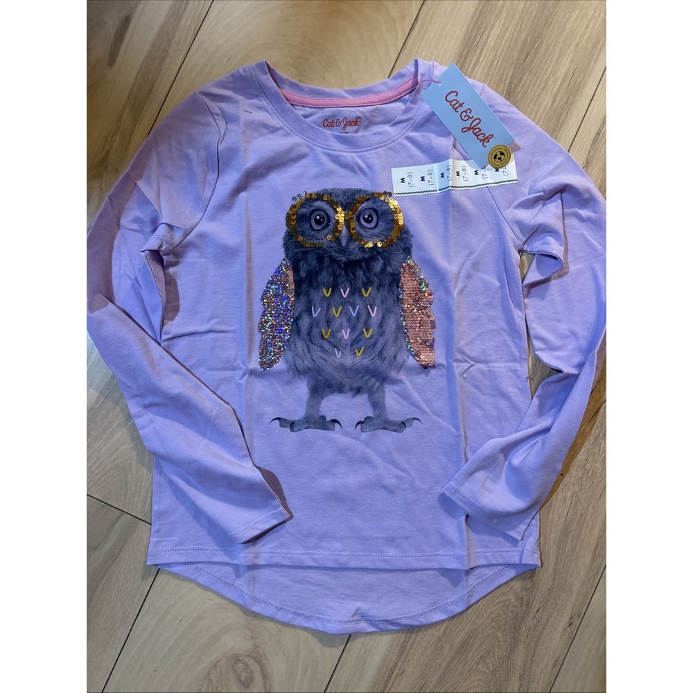 Cat&Jack Girls‎ Long Sleeve Purple Owl Sequin T-shirt Medium 7/8 New